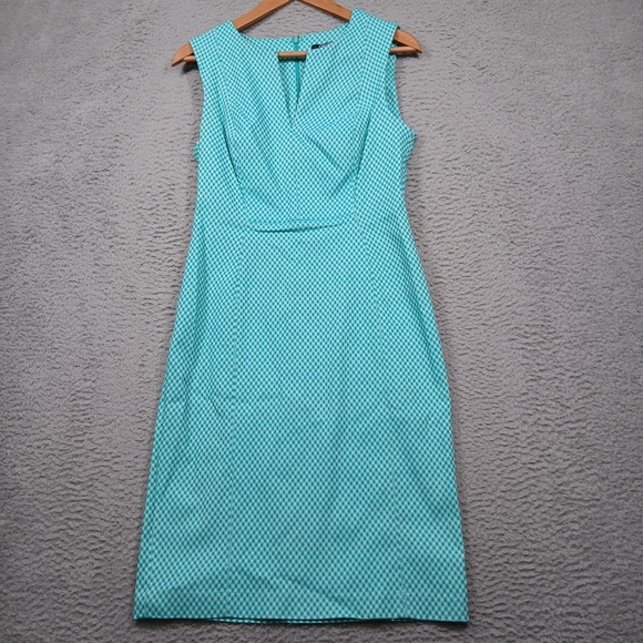 Chaps Dress Womens 8 Turquoise White Sleeveless Sheath V Neck Textured Gingham - Picture 1 of 7